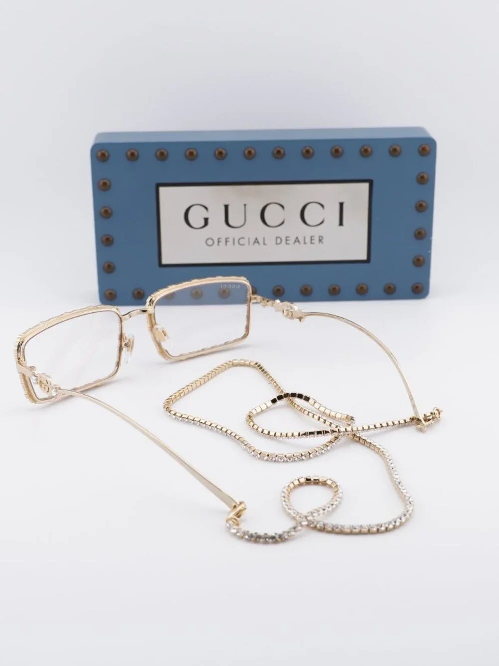 Gucci GG1568S 002 Rectangle Sunglasses - Gold with Gold Chain